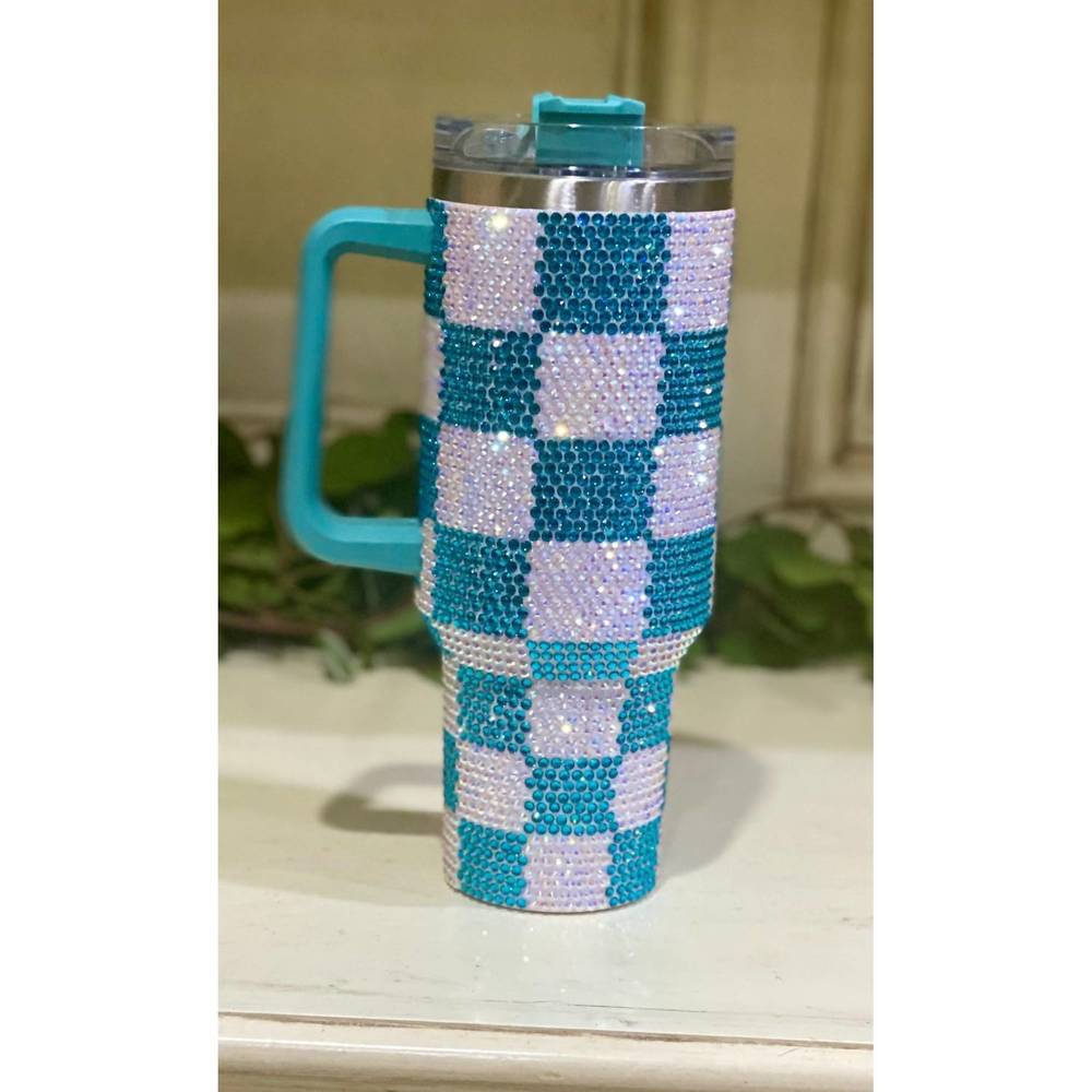 NEW LUCKY & BLESSED women's checkered rhinestone tumbler in multi